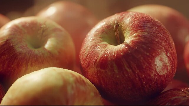 Red apples glisten with water droplets as the apples are piled together. Sunlight enhances the apples' red color and the apples' surface texture.
