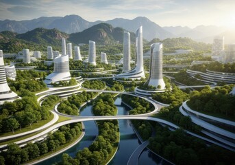Futuristic eco city with organic architecture nestled in lush green mountains