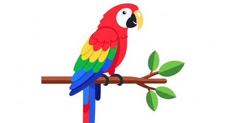Fototapeta premium Colorful red macaw parrot illustration perched on a leafy tree branch, vibrant tropical bird graphic art, exotic wildlife vector icon design, isolated on white