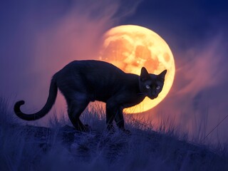 Mysterious black cat silhouetted against a large glowing orange moon on a foggy eerie night