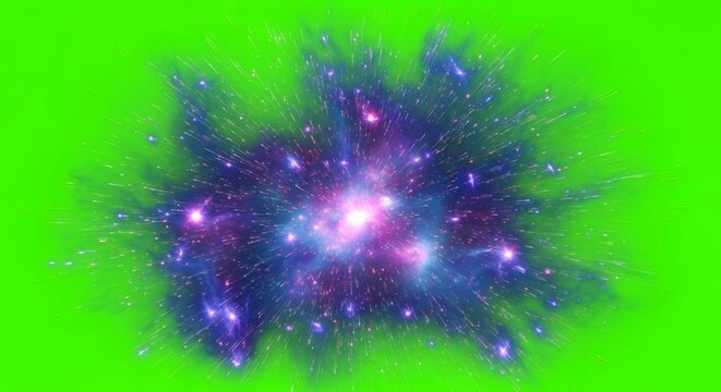Violet and blue cosmic explosion or super nova burst effect, isolated on green background. Galactic abstract energy burst for visual design.