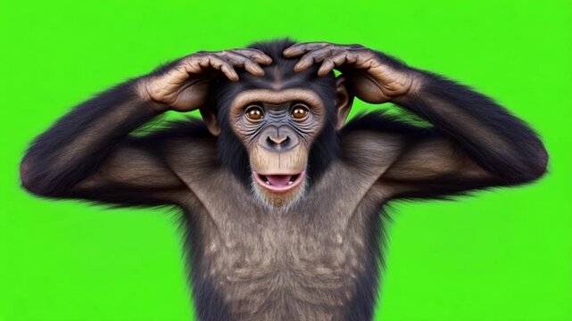 Chimpanzee covers eyes with hands against green background in studio close up shot of the animal green screen animal video