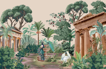 Clasical ROman Garden Illustration, Roman Arch, Peacock, Birds, Roman Garden Wall Mural. © Sharif