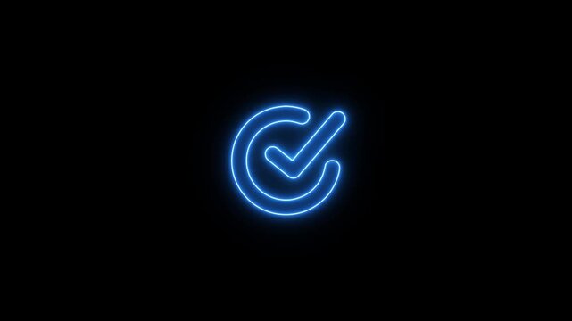Glowing blue neon check mark icon animation on black background.