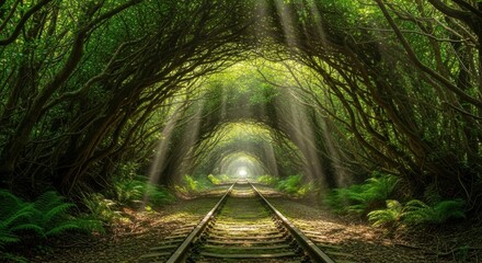 Sunlight streams through a lush green forest tunnel onto an abandoned railway track