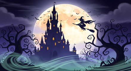 Halloween themed Background with castle ,moon and night 