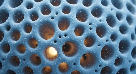 Macro View of Blue Textured Surface with Orifices and Small Droplets Highlighting Scientific Precision and Microscopic Detail
