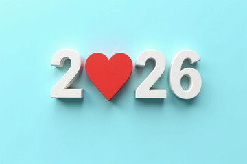 2026 New year for healthcare concept. A red heart and the numbers 2026 arranged horizontally on a light blue background. health insurance. Mental Wellness. medical. New year resolutions goal.