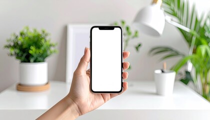 Hand holding a blank screen smartphone mockup on a clean white desk with a potted plant and lamp in the background in soft daylight