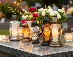 Memorial candles on a headstone at dusk