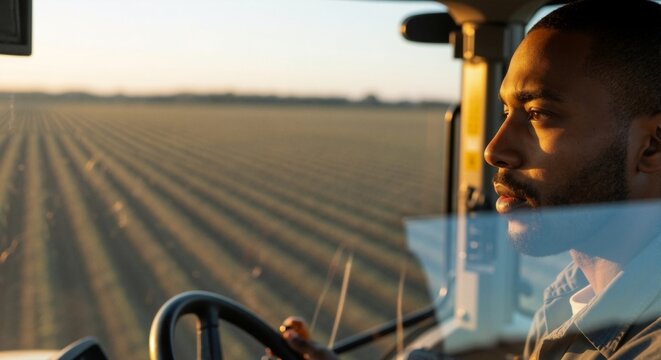 A focused African American farmer driving a modern tractor through a field at golden hour. Agricultural worker operating machinery during sunset. Smart farming and food production concept - Powered by Adobe