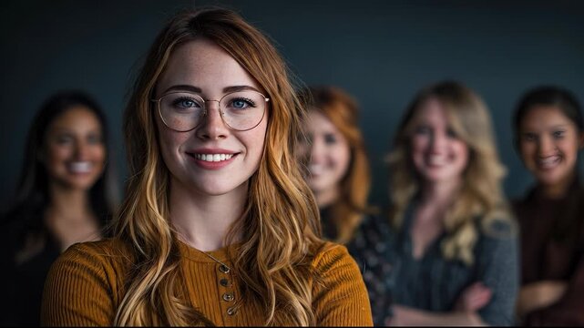 A woman stands at the forefront with her blond hair prominently displayed, capturing attention with her blond hair among the group. Other women with their blond hair are in the bac