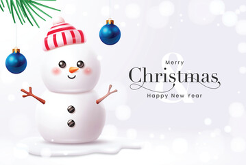 Cute 3D snowman with Christmas greeting and ornaments on white winter background.
