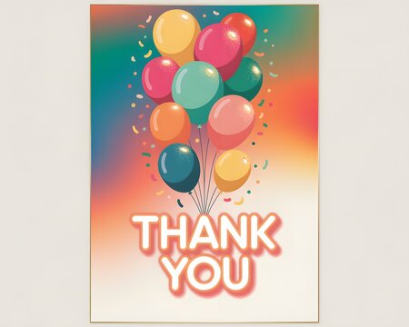 A vibrant and festive thank you card design featuring a bouquet of colorful balloons and confetti against a gradient background
