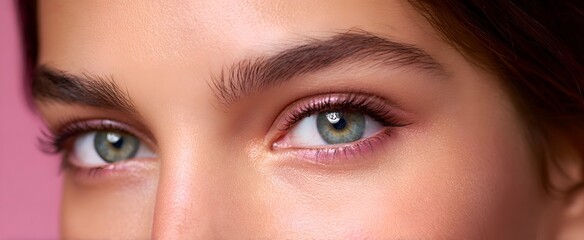 Naklejka premium Close-up of eyes in a soft pink beauty portrait with flawless skin visible