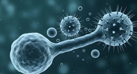 Microscopic View of Virus Cells Dividing and Floating in a Blue Fluid Environment with Detailed Surface Textures