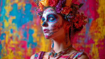 Naklejka premium Woman wearing traditional dia de los muertos makeup posing with colorful flowers crown