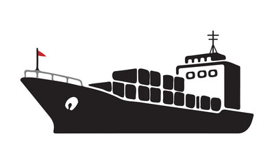 Obraz premium Silhouette of a cargo ship with containers on deck isolated on white