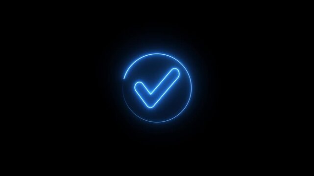 check mark icon animation glowing neon bule tick mark correct yes right select finishing sign symbol on black background