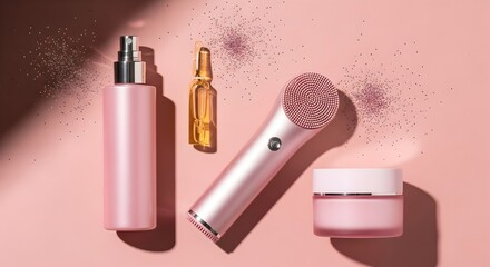 Obraz premium Pink Skincare Products and Beauty Tools on Modern Pastel Background
