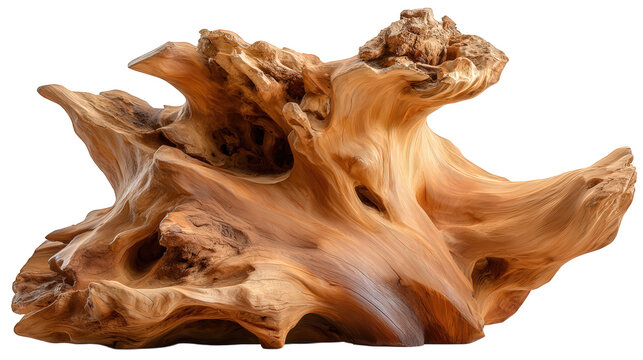 Isolated piece of brown driftwood sculpture showing natural rustic detail. An organic wood element found on beach, creating feeling of calm and timelessness