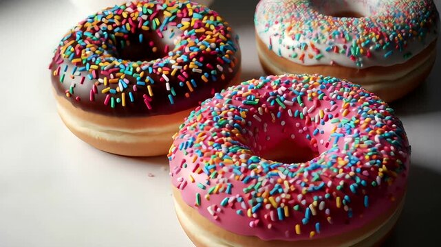 Colorful donuts with sprinkles on a white surface, inviting and delicious