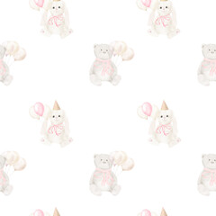 Teddy bear and bunny, with balloons, seamless pattern. Watercolor illustration. Funny toy animals with bows, children's toys isolated on a white background. For children's room decor and printing