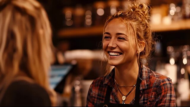 A blonde woman speaks with a barista in the caf&eacute; as the woman leans on the counter. The barista listens attentively, and the woman gestures while engaged in conversation.