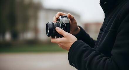 person holding retro film camera outdoors