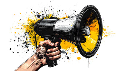 Impactful megaphone in hand delivers powerful message, perfect for announcements, protests, or amplifying voices, with dynamic energy, bold, and striking
