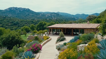Villa nestled in a mountainous landscape: The image portrays a scenic villa in an environment that seamlessly blends natural beauty and architectural elegance.