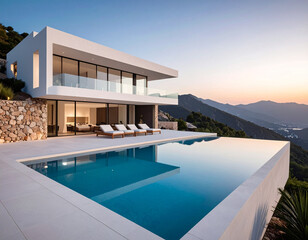 Fototapeta premium Modern architectural villa with infinity pool overlooking mountain landscape at sunset