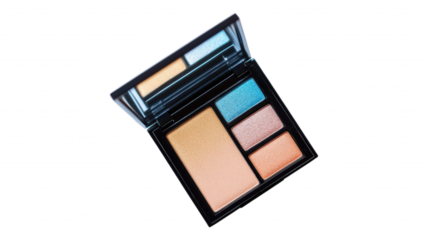 Open makeup palette with various colors on a black background