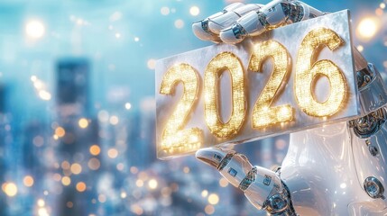 Future Vision: Robotic hand delicately presents the year 2026 against a blurred backdrop of a city skyline, signifying technological advancement and futuristic prospects. 