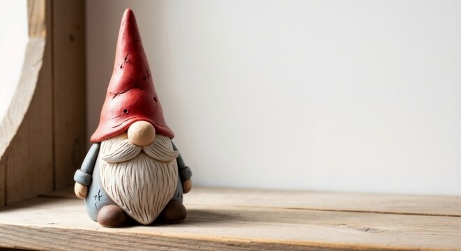Close up of a handmade clay gnome figurine on a wooden shelf. Scandinavian folklore tomte decoration. Background with copy space for text