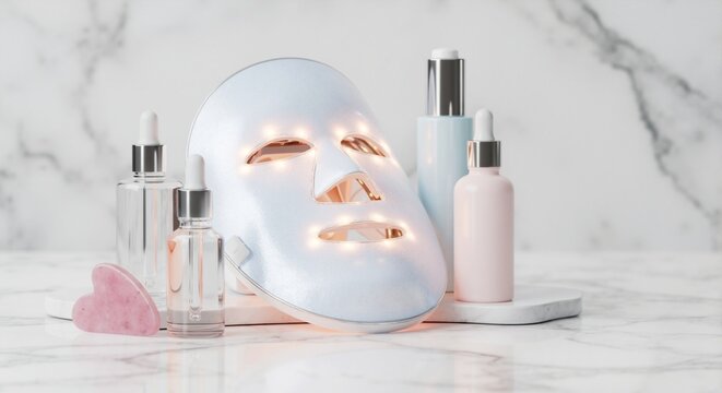 LED light therapy facial mask with skincare serums and gua sha stone. Modern beauty technology for home spa treatments. Anti-aging and self-care concept on a marble background