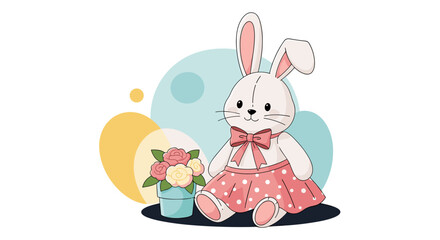 Fototapeta premium Cute Easter Bunny Girl with Flowers and Polka Dot Dress.
