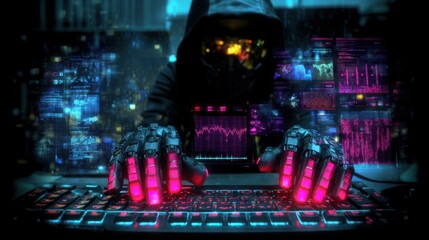 An anonymous hacker wearing a hood and cybernetic gloves works on a keyboard, surrounded by holographic data and interfaces.