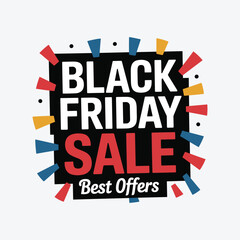 Obraz premium Modern Black Friday Sale Banner with Colorful Confetti and Best Offers Text on White Background