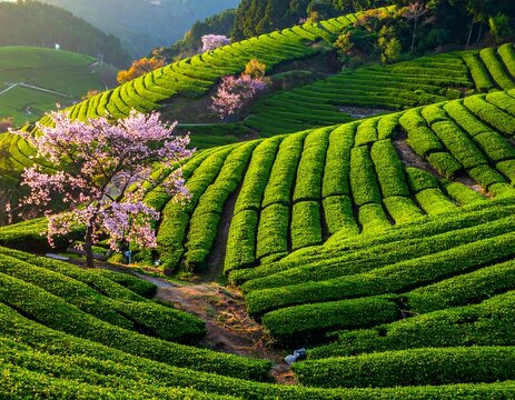Lush tea fields with cherry blossoms