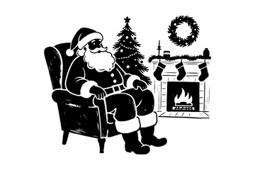 Santa Claus sitting in a chair near a fireplace with stockings, a Christmas tree, and a wreath, depicted in a bold black ink graphic style