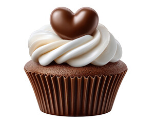Romantic chocolate cupcake dessert with sweet frosting and love heart. This isolated gourmet food perfect sweet treat for valentine or anniversary celebration