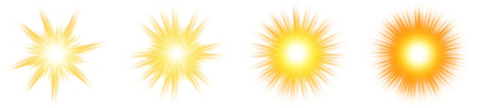 Set of bright yellow sunburst and firework effect. Glowing radial sun rays circle. Warm radiant shiny energy explosion. Dramatic light ray illlustration. 
