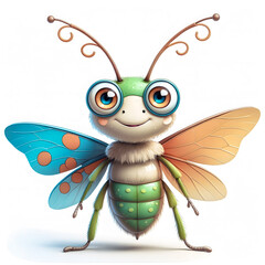 Obraz premium Friendly Cartoon Insect with Vibrant Green and Blue Body, Expressive Eyes, and Translucent Spotted Wings on White Background