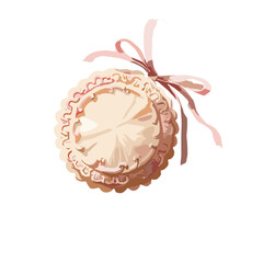 Vector decorated Christmas cookie with pink icing and ribbon, suitable for holiday design, copy space