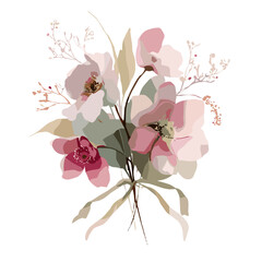 Vector floral composition of pink and white flowers with delicate foliage and ribbons, suitable for design, copy space