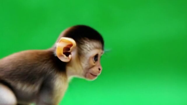 Close up of a baby capuchin monkey with its hands clasped against a solid bright green background green screen animal video