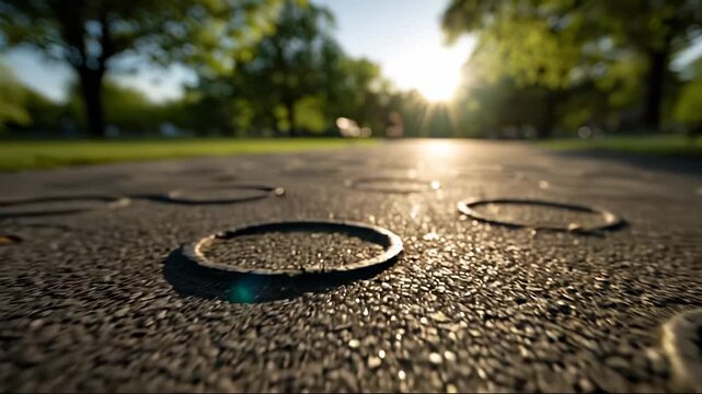 In the park, circular patterns are etched into the pavement, with sunlight casting highlights on the circle outlines. The park's sunlight filters through the trees onto the circles