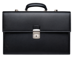 Classic black leather business bag and professional briefcase object with sturdy handle. formal accessory isolated for corporate use, representing security and success