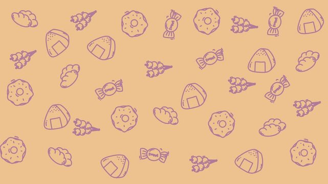 Delicious treats like donuts, dumplings, onigiri, dango candy on an orange background, perfect for food blogs, menus, or social media posts.